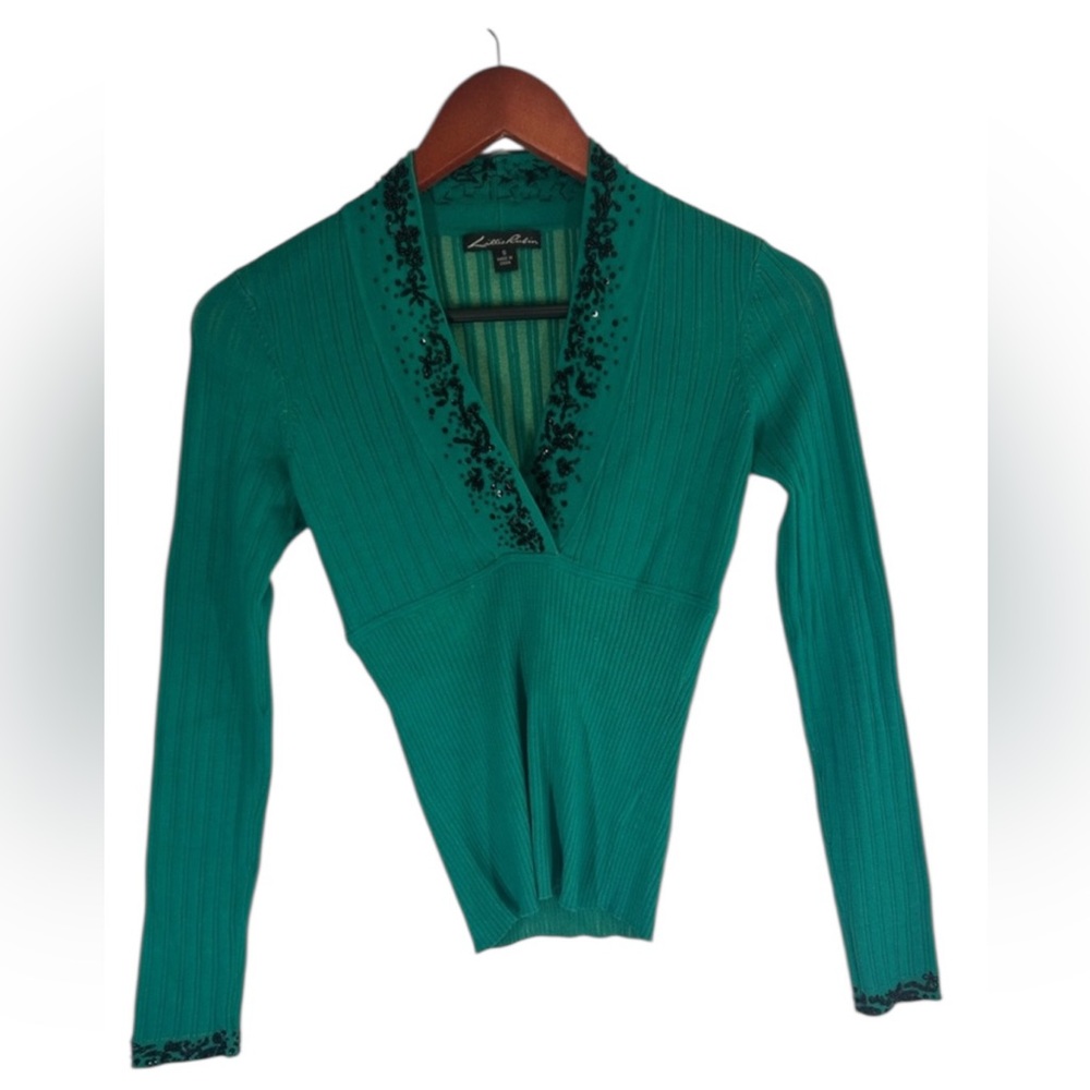 Lillie Rubin V neck Beaded Vintage Top Shirt Green size small